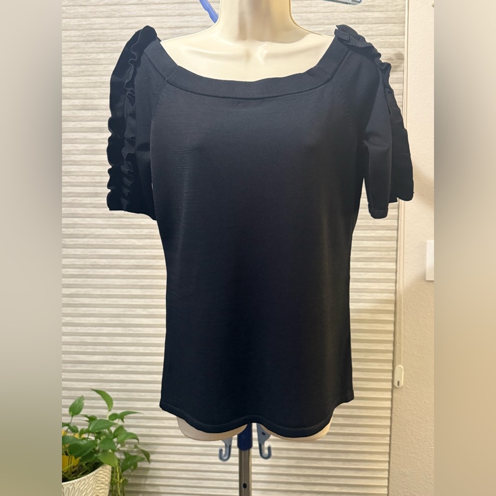 INC International Concepts Black Ruffle Sleeve Short Sleeve Top